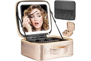 Extrei Gent Makeup Travel Train Case with Mirror LED Light 3 Adjustable Brightness Cosmetic Bag Portable Storage Adjustable Partition Waterproof Makeup Brushes Makeup Jewelry Gift for Women