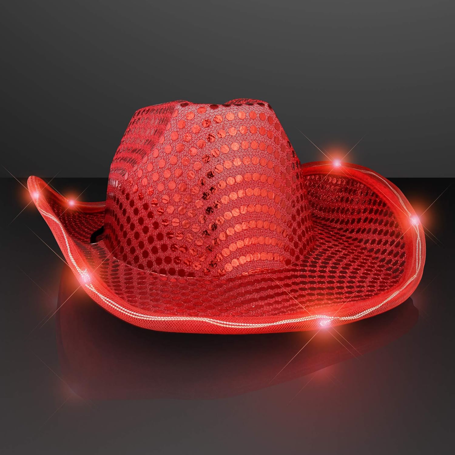Red Sequin Light Up LED Cowboy Hat with Red LED Brim: Clothing