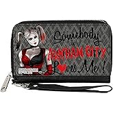 DC Comics Wallet, Zip Around, Harley Quinn Somebody In Arkham City Loves Me Grays Black Red, Vegan Leather