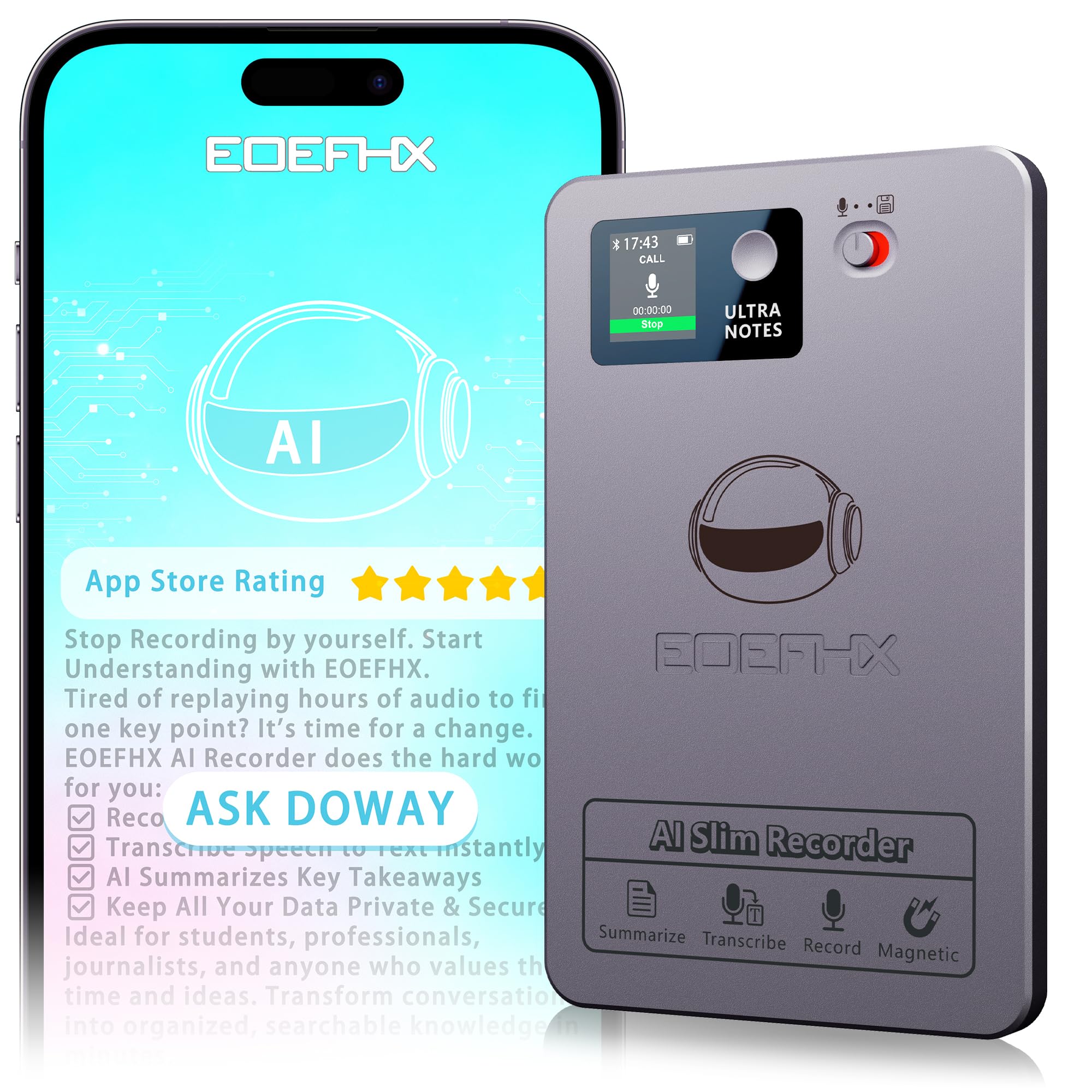 Photo 1 of AI Voice Recorder, Transcribe & Summarize with Deep AI Analysis, Support 152 Languages, App Control, AI Noise Cancellation, Upgraded Built-in MagSafe, 64GB Audio Recorder for Meetings, Lectures, Call