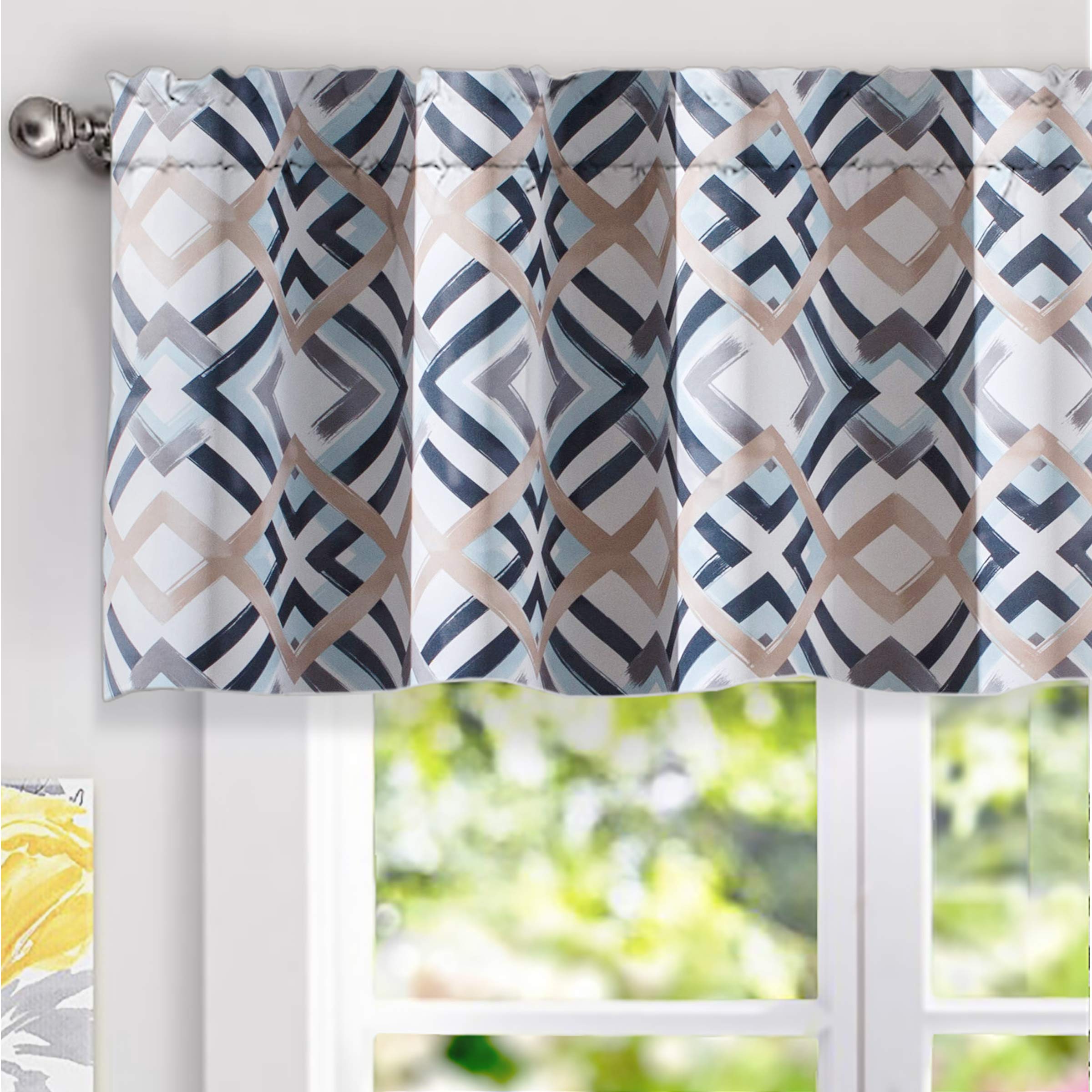 Photo 1 of DriftAway Diamond Trellis Watercolor Geometric Checker Plaid Pattern Blackout Thermal Insulated Energy Saving Window Curtain Valance Rod Pocket Single 52 Inch by 18 Inch Plus 2 Inch Header Navy