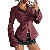 Women Y2K Striped Button Down Shirts Dress Shirts Long Sleeve Gingham Tee Collared Office OL Work Shirt Blouse Top