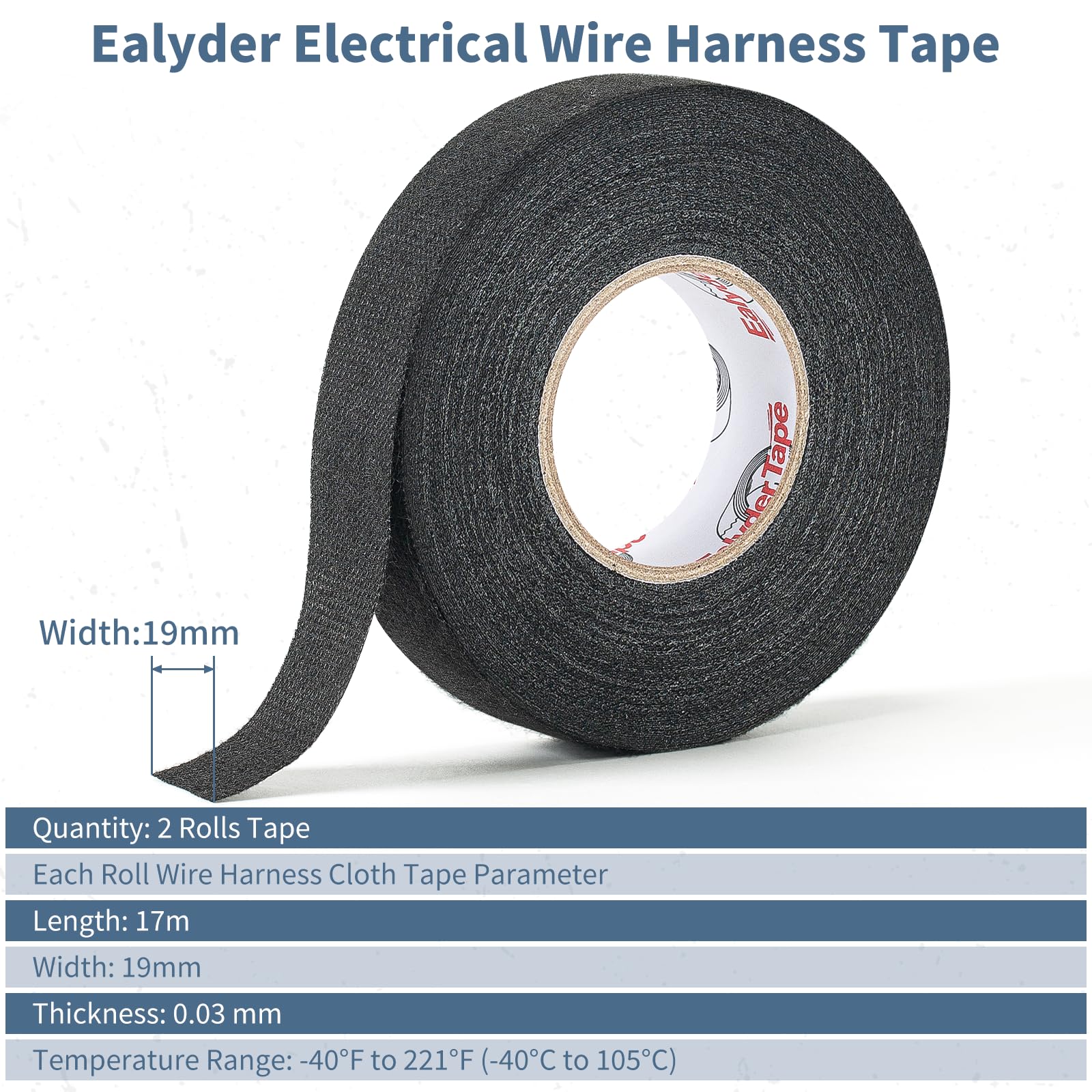 Ealyder Tape Kabelbaum Gewebeband 2 Stück 19 mm x 17 m – Hochtemperaturbeständig, Selbstklebendes Isolierband für Auto Kabelbaum, Geräuschdämmung & Kabelschutz 3
