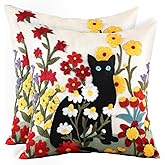 Kokaaee Embroidered Throw Pillow Covers 18x18 Inch - Set of 2 Summer Decorative Pillow Covers with Zipper Aesthetic Cute Design Throw Pillowcases for Couch Sofa Bed, Flower Cats