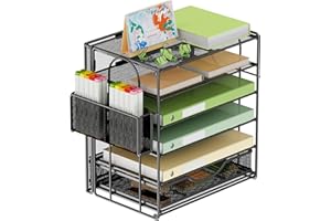 GDINDINFAN 5 Tier Paper Letter Tray, Desktop File Organizer with Pen Holder, Mesh Desk Paper Shelves Sorter Rack with Sliding Drawer for Home Office, Black