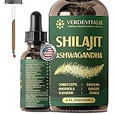 VERDEVITALIS 8in1 Shilajit Liquid Drops 1000MG Energy&Immunity Support with Ashwagandha-Herbal Supplement-Cordyceps, Rhodiola, Ginseng, Ginger, Turmeric & Chaga- Tincture for Men & Women