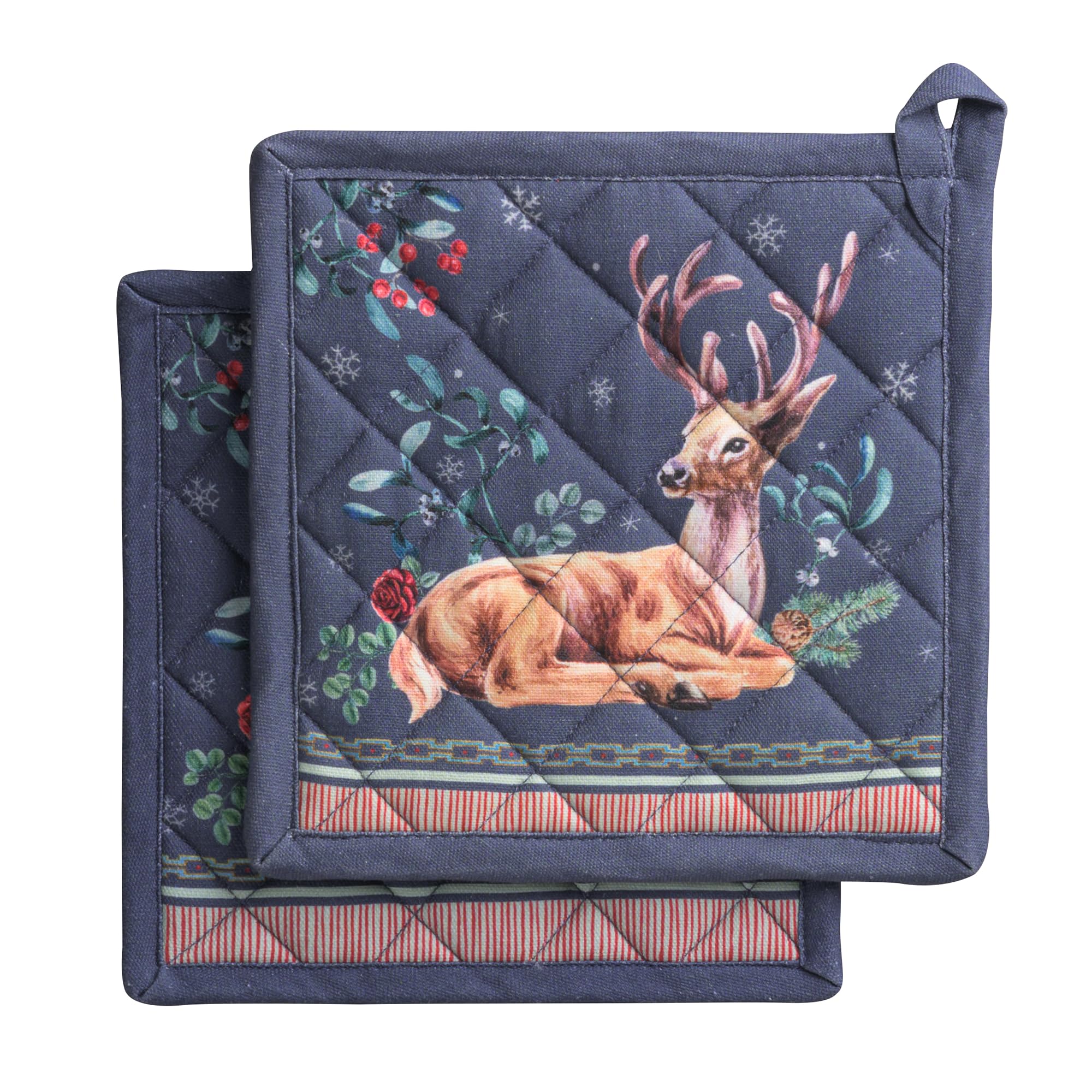 Maison d' Hermine Pot Holders Set 100% Cotton Heat Resistant Potholders 20 cm x 20 cm Hot Pads with Loop for Christmas Decorations BBQ Cooking Baking Handling Hot Pans (Pack of 2, Christmas Joy)