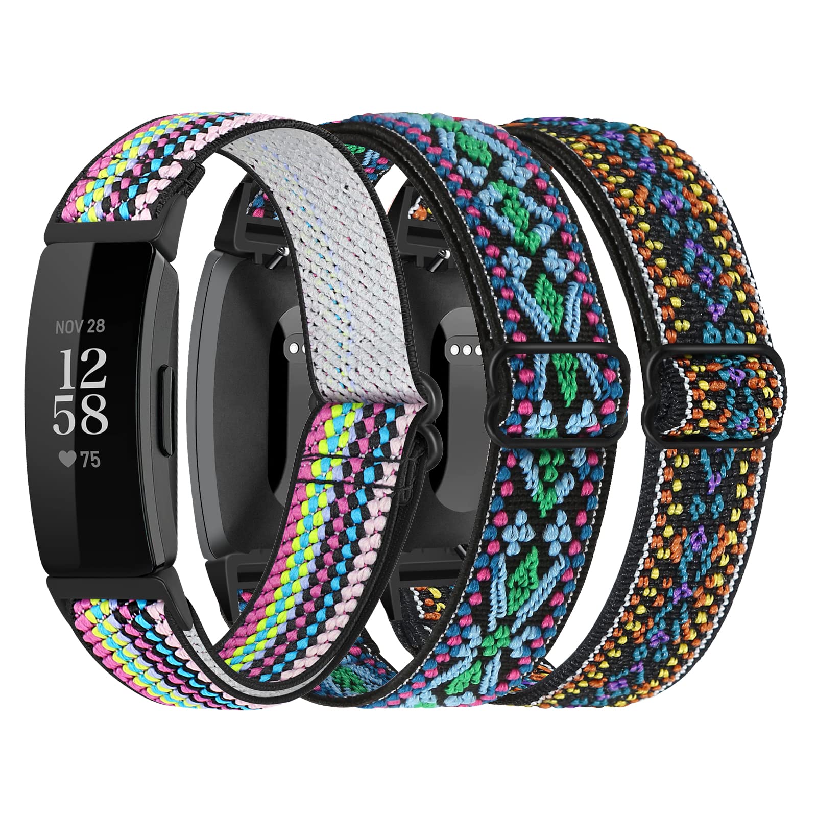 3-Pack Elastic Nylon Straps Compatible with Fitbit Inspire 2 / Inspire HR/Inspire/Ace 2, Soft Adjustable Solo Loop Replacement Bands for Fitbit Inspire Fitness Tracker Women Men