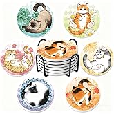 STARUBY Coasters Absorbent Ceramic Coaster Drink Coasters with Cork Back Lazy Cats Set of 6 Round Coaster Non Slip for Coffee Table Wine Glass Home Bar 4 Inch, Cute