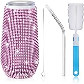 Tessco Bling Tumbler Cups Rhinestones with Straw Glitter Water Bottle Stainless Steel Straw Tumbler Insulated Bling Cup with Lid Brush for Teacher Graduation Season Gifts(Classic 12 oz,Pink)