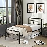 DiaOutro 16 Inch Twin XL Bed Frame with Headboard and Footboard, Classic Metal Platform No Box Spring Needed Heavy Duty Victorian Style Iron-Art Mattress Foundation/Under Bed Storage