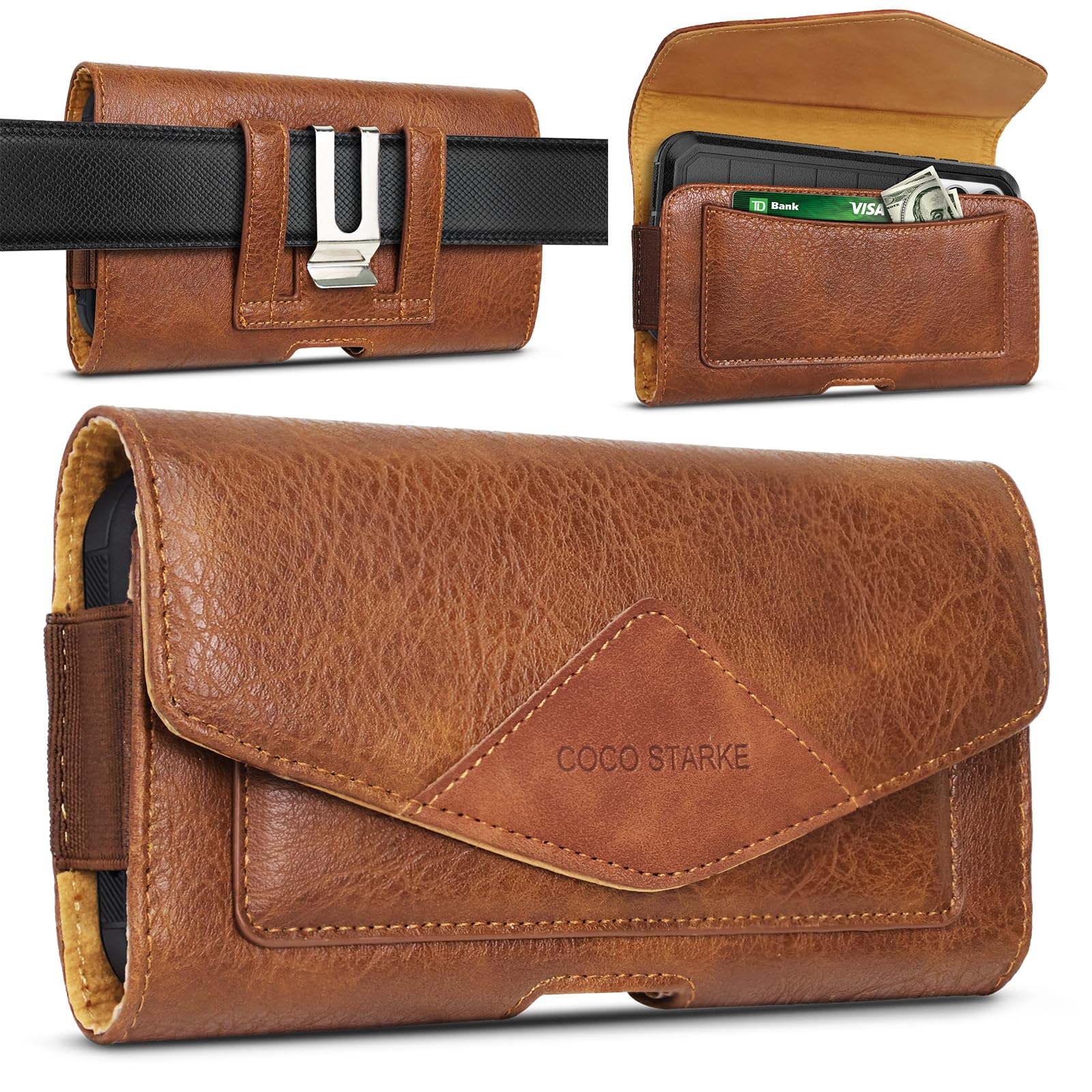 Leather Phone Holster Case with Magnetic Flip Cover for iPhone 17/16/15/14 Pro Max,Samsung Galaxy s25 Ultra case S24+/S23+/S22+(Fits Otterbox Cases)Leather Cell Phone Holster for Men Belt&Women(Brown)