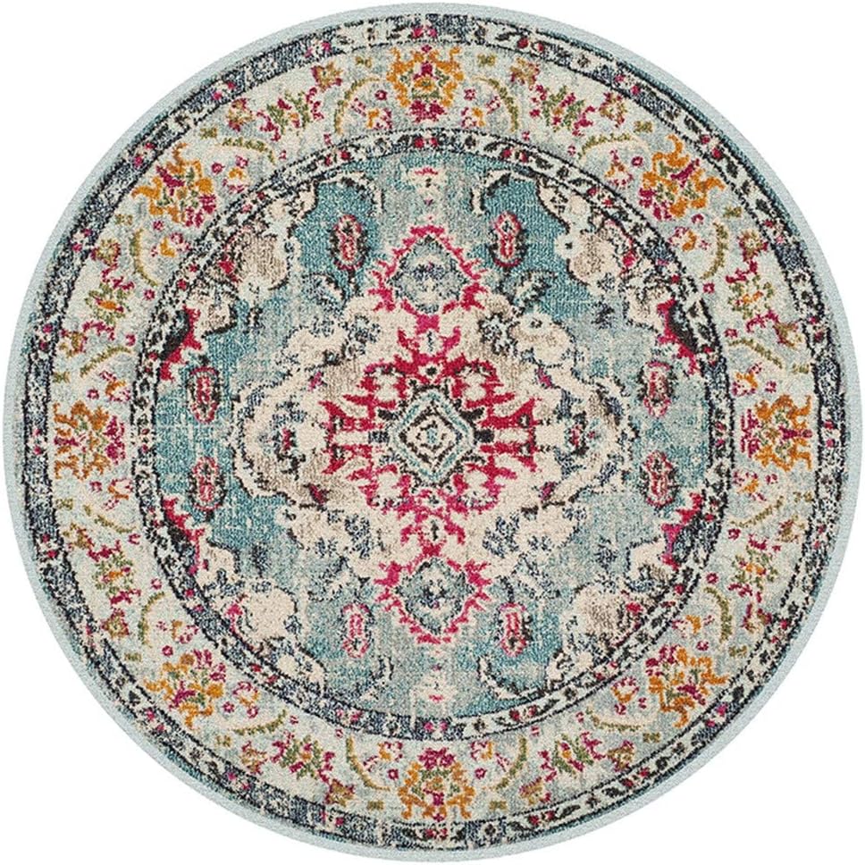LMXJB Antiquities Area Rug Lyndhurst Collection Over-Dyed Botanical Flower Border Round Rug, Traditional Oriental Rug And Moroccan Style Polypropylene Round Carpet,Blue,Diameter80Cm/31''