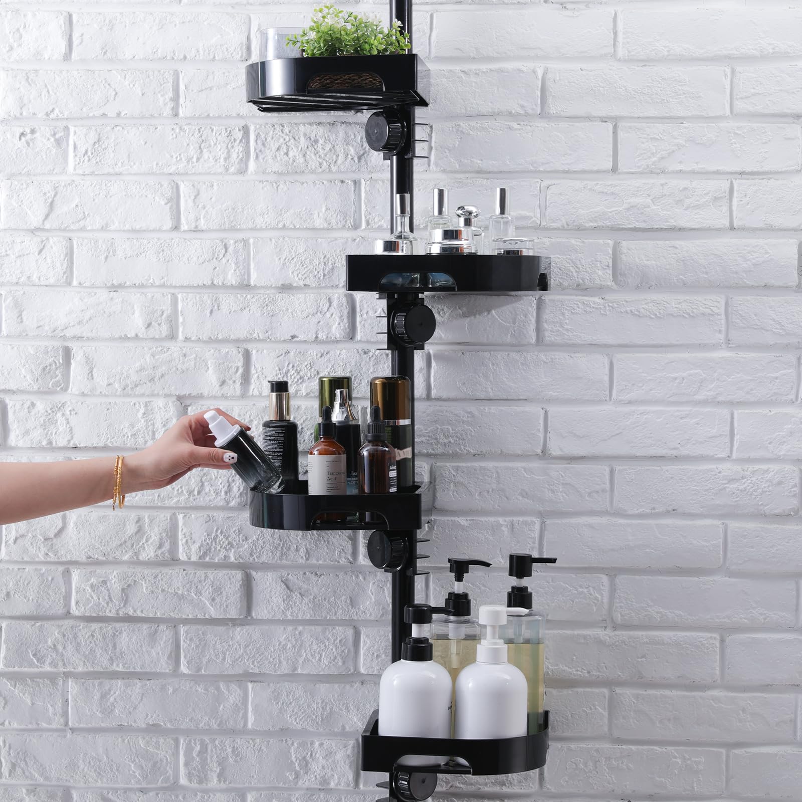 Photo 1 of **MISSING PIECES UNKNOWN**shuang qing 4-Tier Corner Shower Caddy Tension Pole Organizer - Adjustable Rustproof Metal Tension Pole, Plastic Shelves with Safety Guardrail, Bathroom Storage for Shower & Bathtub(Black)