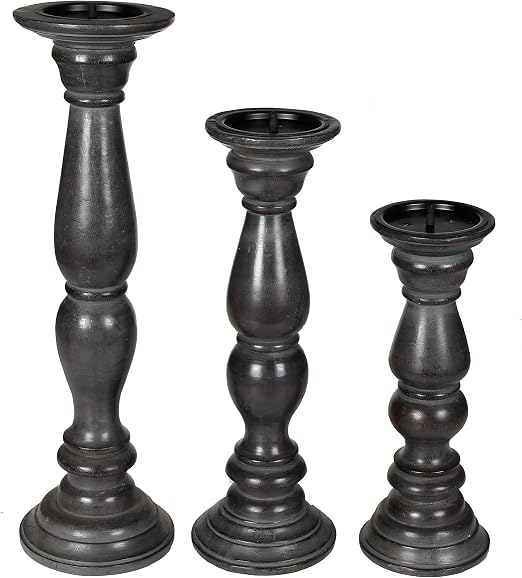Amazon Com Candle Stands Wooden For Pillar Candles Rounded Turned Colums Sustainable Woods Country Style Idle For Reiki Aromatherapy Votive Candle Gardens Home Decor 16 14 12 Inch Set Of 3 Dark Grey