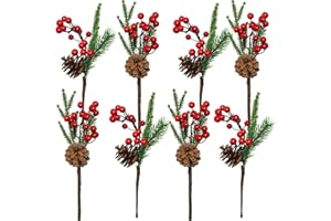 JIFTOK 15Pcs Pine Christmas Picks Assorted Artificial Red Berry Picks Stems Faux Pine Picks Spray with Pinecones for Xmas Tree Ornaments DIY Wreath Garland Vase Holiday Home Décor