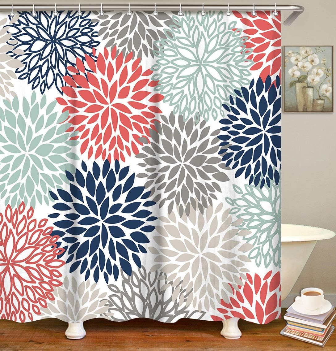 Amazon Com Livilan Dahlia Shower Curtain Floral Fabric Bathroom Curtains With Hooks Flowers Bathroom Decor 72x72 Inches Red Navy Home Kitchen