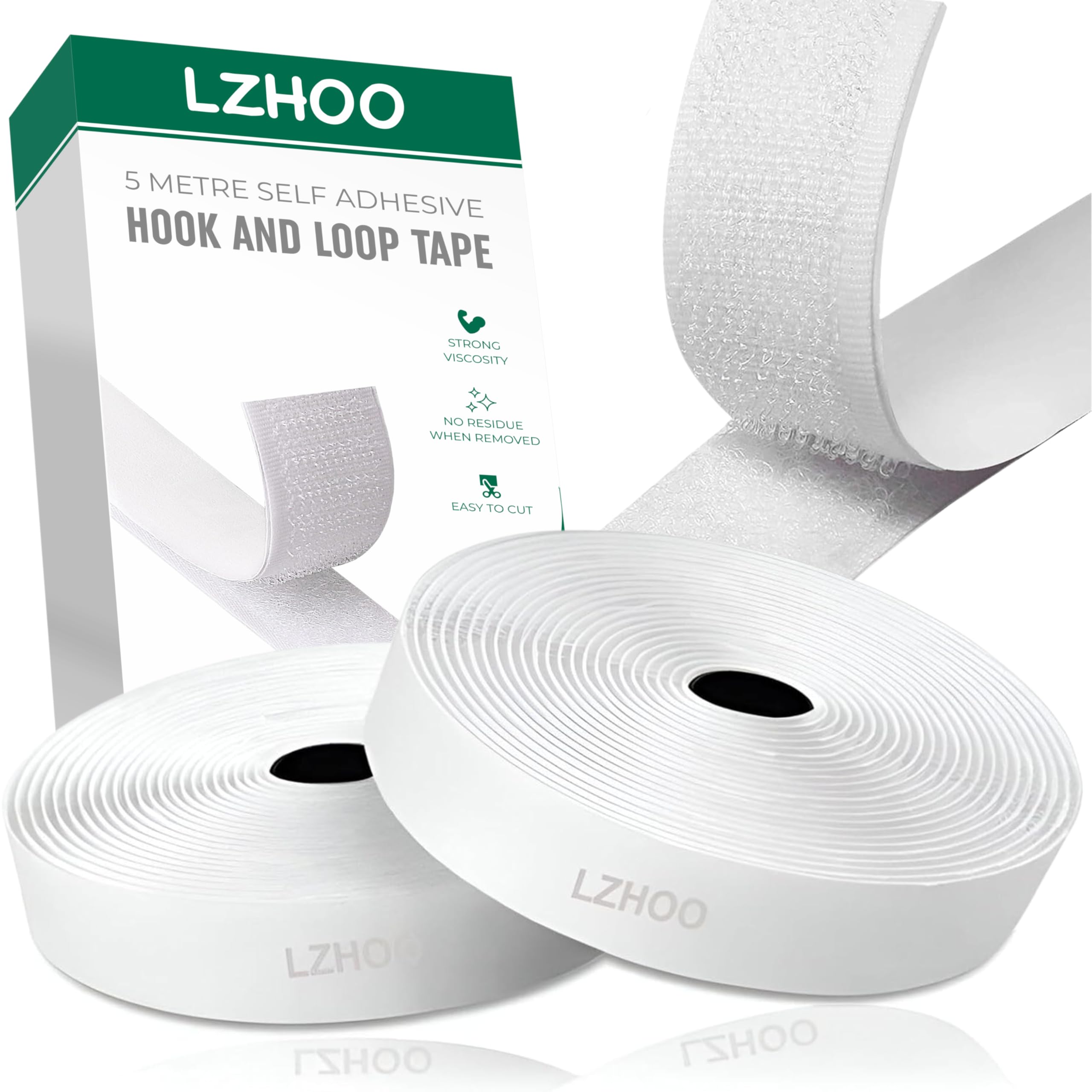 LZHOO™ Double Sided Hook and Loop Tape | 16.4FT X 2CM | Strong Double Sided Adhesive Tape Heavy Duty, for Home and Office Use, Versatile Mounting Solution (White)
