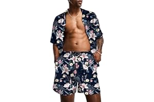 KYKU Mens Hawaiian Shirt and Short Set - Summer Short Sleeve Button Down Beach Shirts Tropical Vacation 2 Piece Outfits