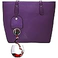 PortoVino Classic Tote Bag - Vegan Leather Wine Purse with Hidden Spout and Dispenser Flask for Wine Lovers that Holds and Pours 2 Bottles! Traveling, Concert, Bachelorette Party - Aubergine
