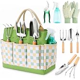 Heavy Duty Gardening Tool Set with Tote Bag, Great Gift for Gardeners | Rust-resistant trowels, pruner with metal lock, weeder, cultivator &amp; hand fork. 9-piece gardening kit for home gardeners