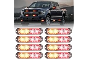 PKINGLAKE 8-Pcs 12 LED Sync Feature Emergency Strobe Grille Lights Ultra Slim Surface Mount Hazard Warning Flashing Light Bar for Firefighter/Construction/Police/Trucks/Vehicles/Car/SUV (Red/Amber)