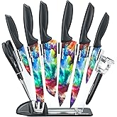 PurpleChef 10 Pieces Kitchen Knives Set. Includes 6 Stainless Steel Knives, Scissors, Knife Sharpener, Peeler, and Clear Acrylic Stand (Cosmos)
