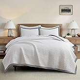 Bonlino White Quilt Set Queen Size - Farmhouse Soft Striped Stitch Bedding Bedspread Coverlet Summer Lightweight Quilt Bed Sets with 2 Pillow Shams for Home All Season with Grey Border
