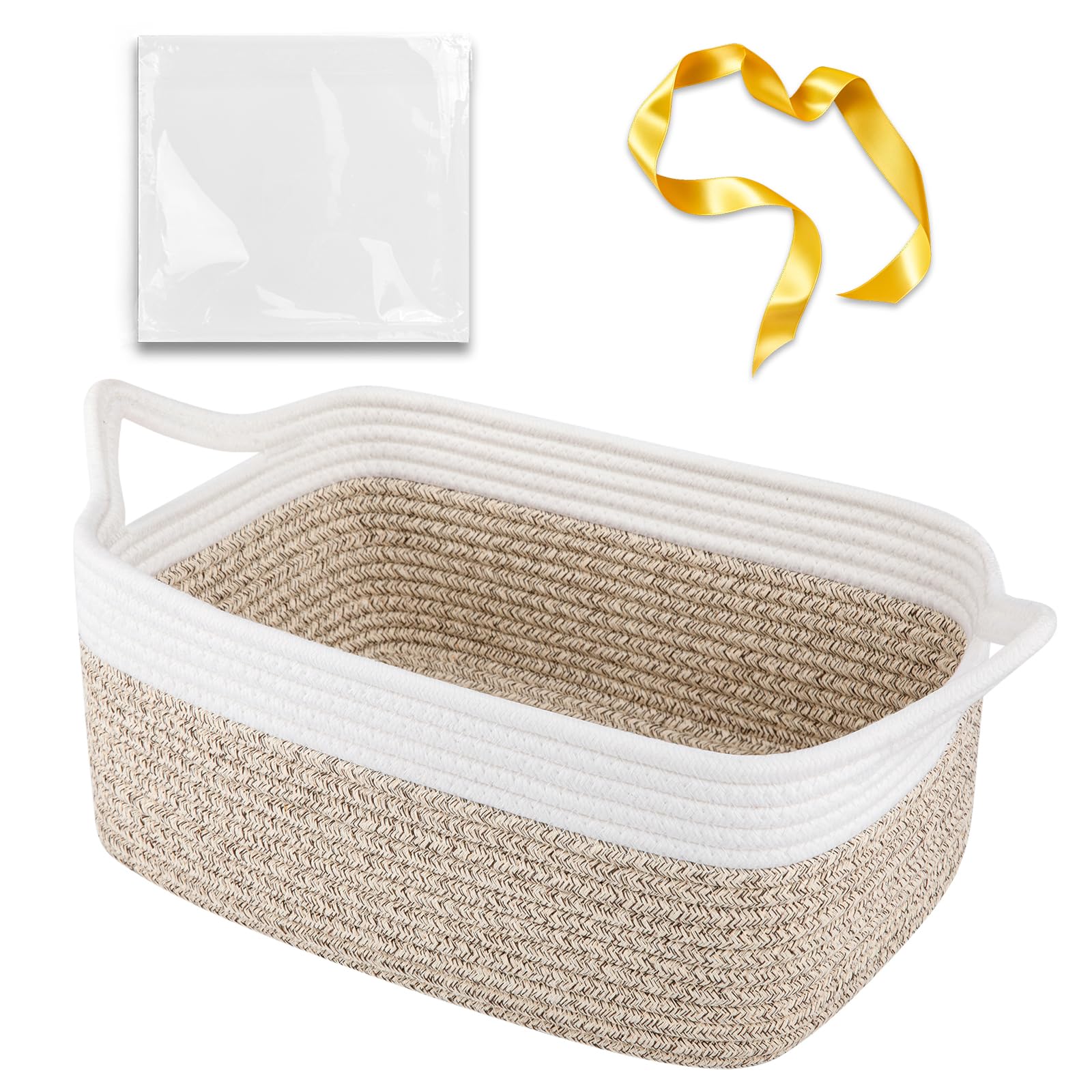 Photo 1 of OIAHOMY Small Woven Rope Basket with Gift Bags and Ribbons, Gift basket Empty for Baby shower Birthday, Halloween, Christmas, Cute Cat Ear Handles for Shelf Living Room Bathroom, Brown & White