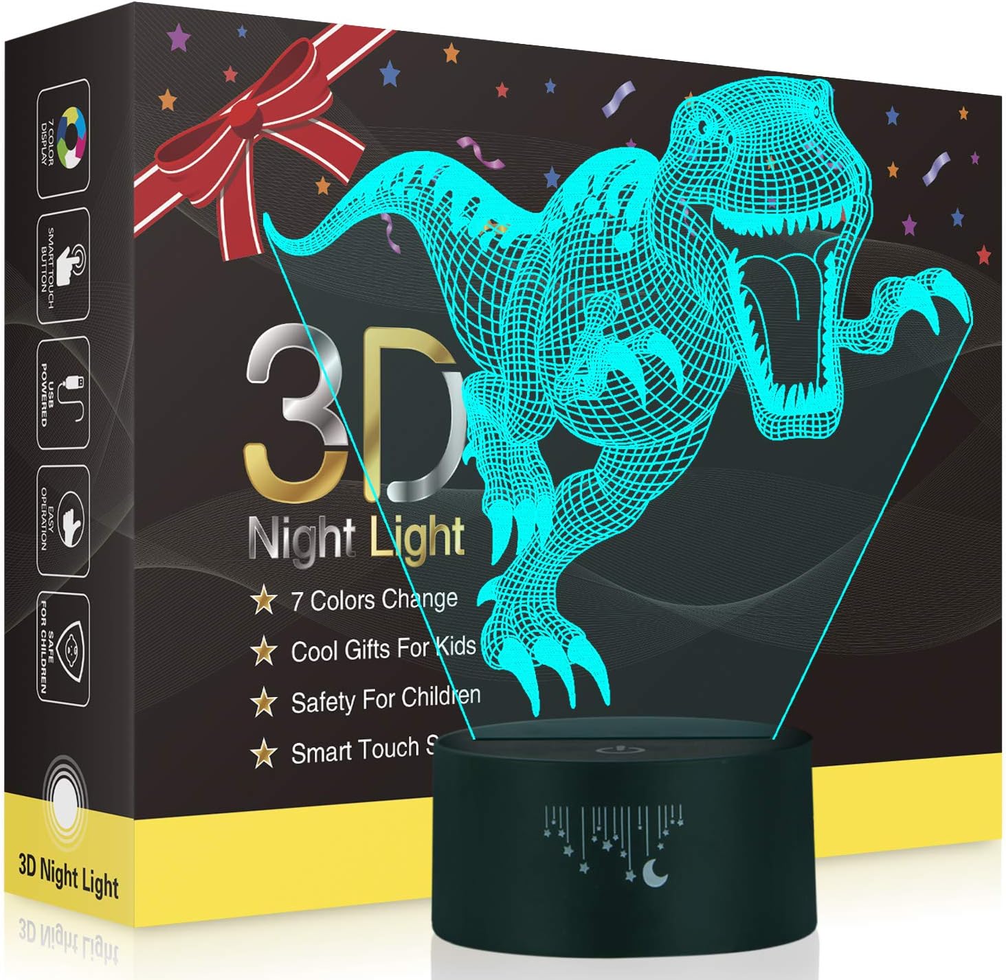 3D Night Lights, Dinosaur Toy, 7 Colors Changing Touch Button USB Charge Table Desk Lamps Bedroom Lighting Decor LED Nightlight,Cool Birthday Gifts for Friend
