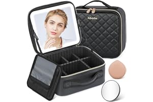 Aiborke Travel Makeup Bag with Led Mirror Make up Case with Lighted Mirror Cosmetic Organizer bag with Adjustable Dividers and 5X Magnifying Mirror Makeup Box Organizer Vanity Case for Women (Black)
