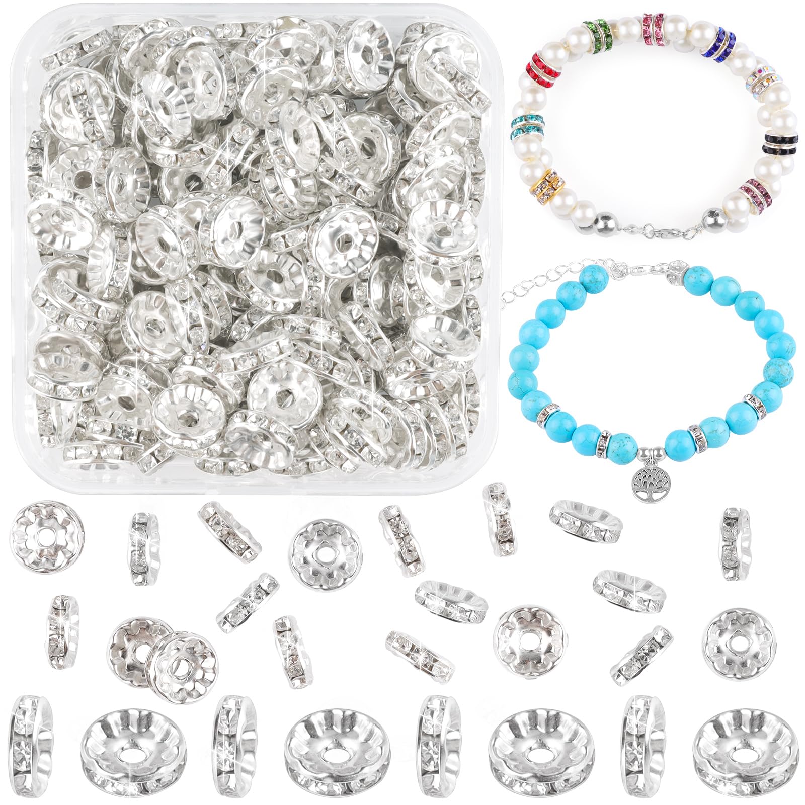 Rondelle Spacer Beads 10 mm Rhinestone Spacer Beads Silver Metal Beads Crystal Loose Round Spacer Beads for DIY Bracelets Earrings Necklace Jewellery Decorations Pack of 400