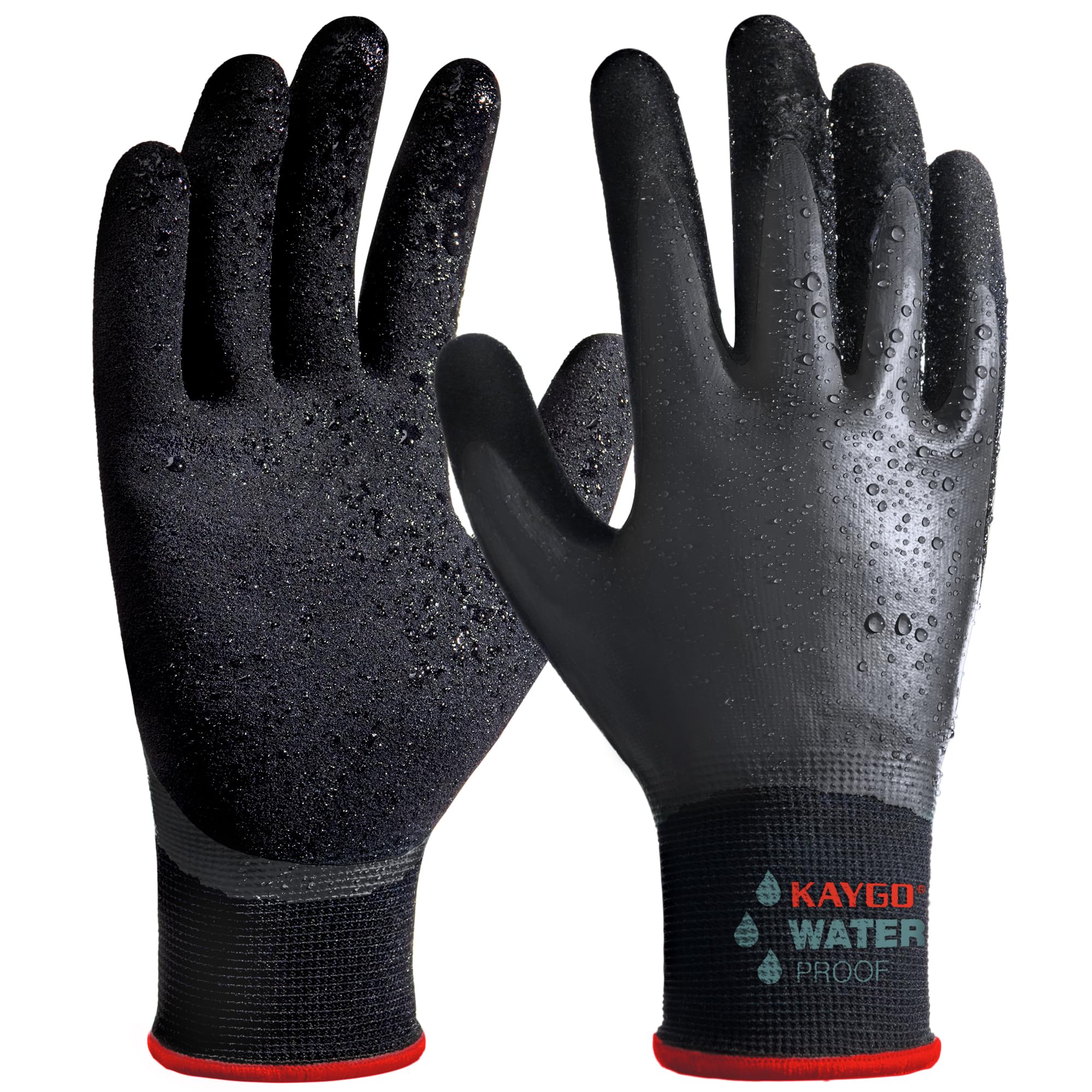 KAYGO Waterproof Work Gloves for Men and Women with Double Latex Coated, Non-Slip Super Grip for Gardening Car Washing Fish Cleaning (Black, S, 1 Pairs)