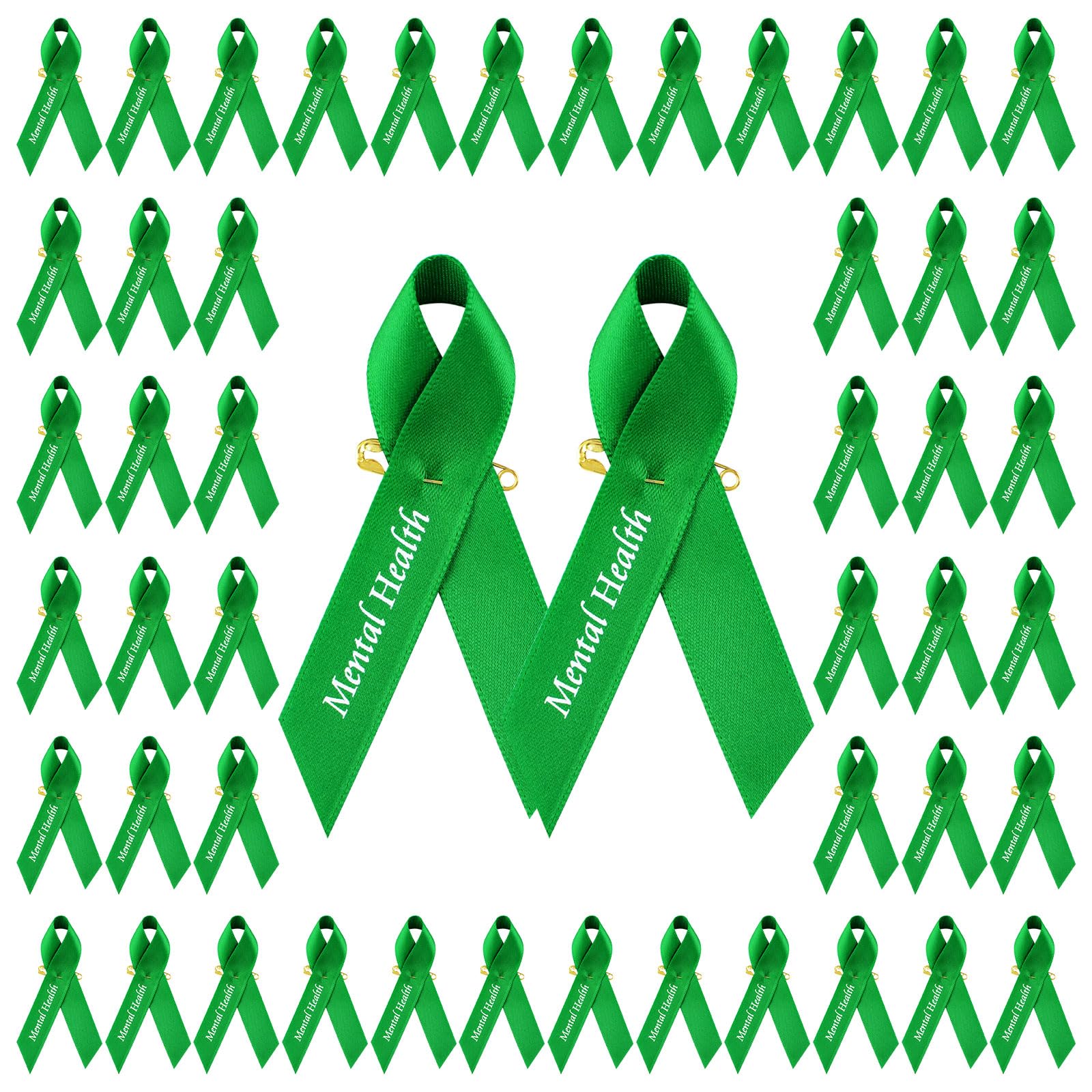 CRAFFANCY 100 Pcs Green Mental Health Awareness Ribbons with Safety Pins, Satin Printed Ribbons for Women or Man Charity Public Social Event Public