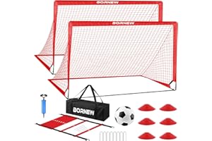 BORNEW Kids Soccer Goal for Backyard Set - 2 Set of 7X5 / 5X3.6 /4x3 ft Toddler Soccer Nets with 20ft Agility Ladder, Soccer Ball, Pop Up Portable Soccer Set for Kids and Youth Game and Training Goals