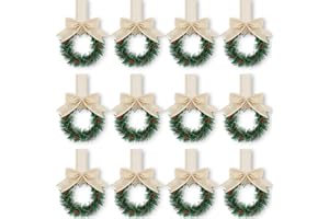 Retrowavy 12 Pcs Christmas Kitchen Cabinet Wreaths with Ribbon 3.94 Inch Mini Christmas Wreath Small Kitchen Xmas Decor for Window Door(Linen Color,Retro Style)