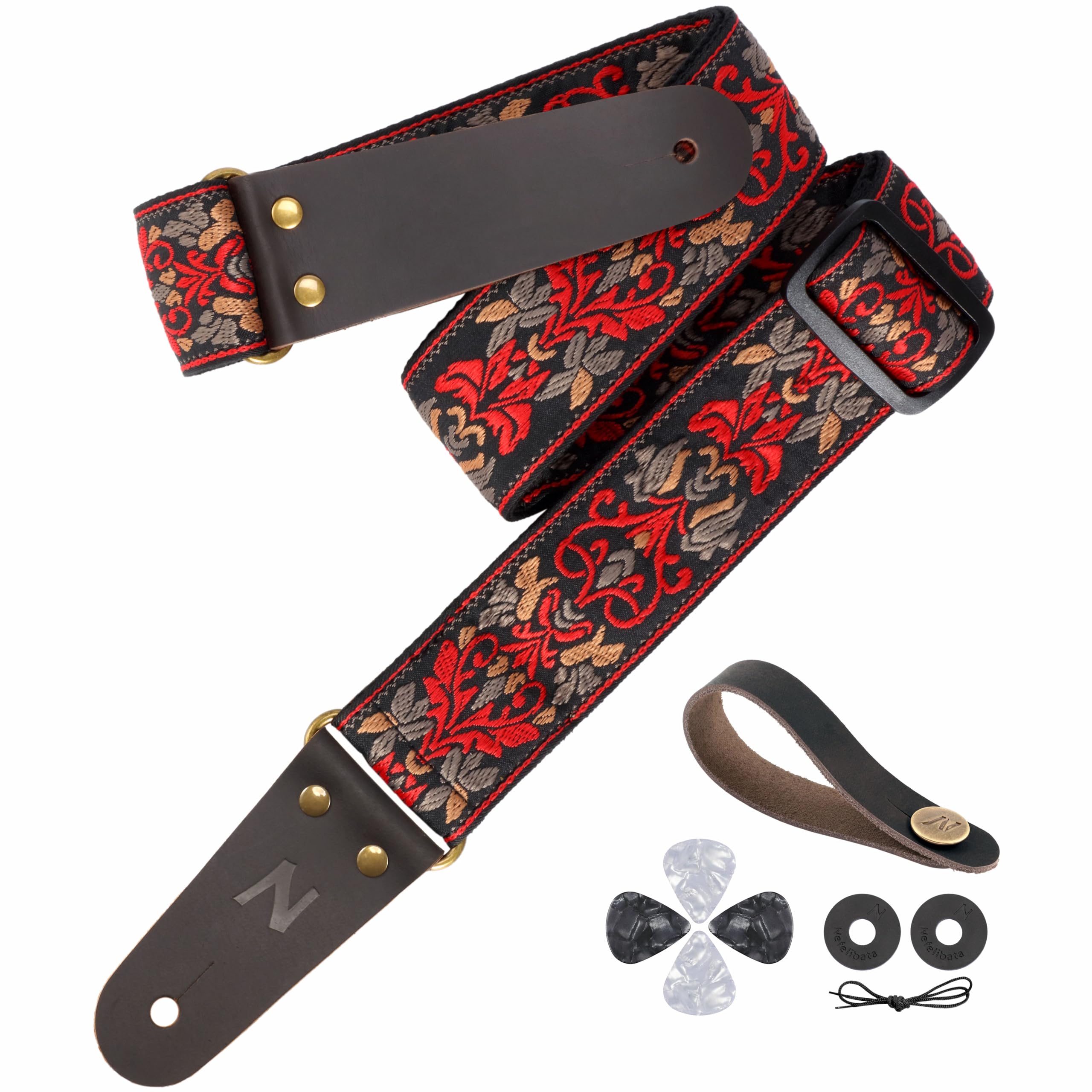 Nefelibata Guitar Strap, 2" Jacquard Embroidery Guitar Straps, Full Grain Leather Ends with Invisible Pocket, for Bass, Electric and Acoustic Guitars, Free Buckle, Strap Lock and Guitar Picks
