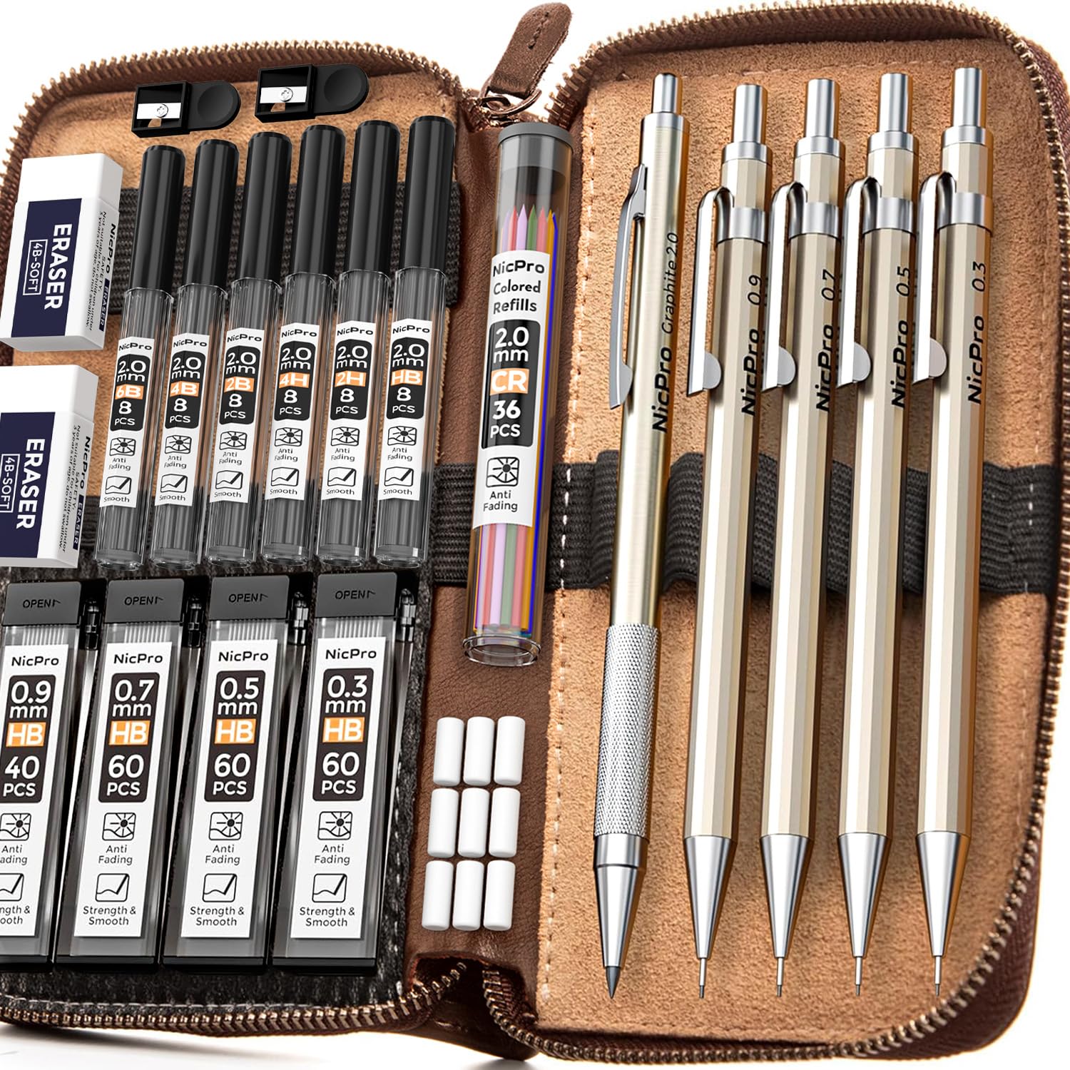 Nicpro 23PCS Metal Mechanical Pencil Set in Leather Case, Propelling Drafting Pencil 0.3, 0.5, 0.7, 0.9 mm & 2mm Lead Holders For Art Drawing Sketching, 11 Tube (6B 4B 2B HB 2H 4H Colors) Lead Refills