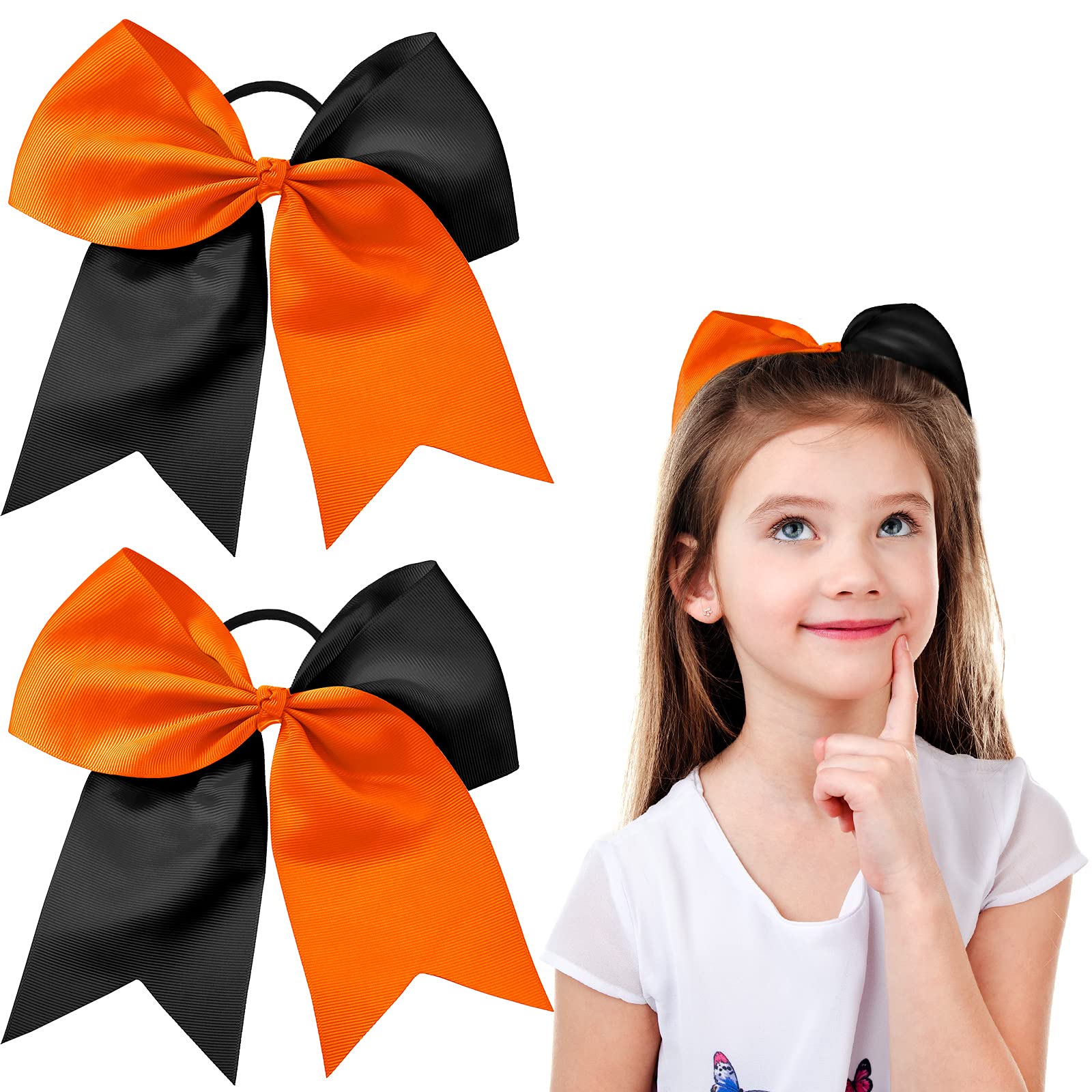 Photo 1 of Packs Jumbo Cheerleading Bow 8 Inch Large Cheer Hair Bows with Ponytail Holder for Teen Girls Softball Outfit Uniform(Orange and Black)