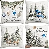 Artmag Christmas Throw Pillow Covers, 18x18 inch Decorative Farmhouse Merry Christmas Tree Snowman Winter Blue Pillow Cases for Holiday Home Coach Sofa Set of 4