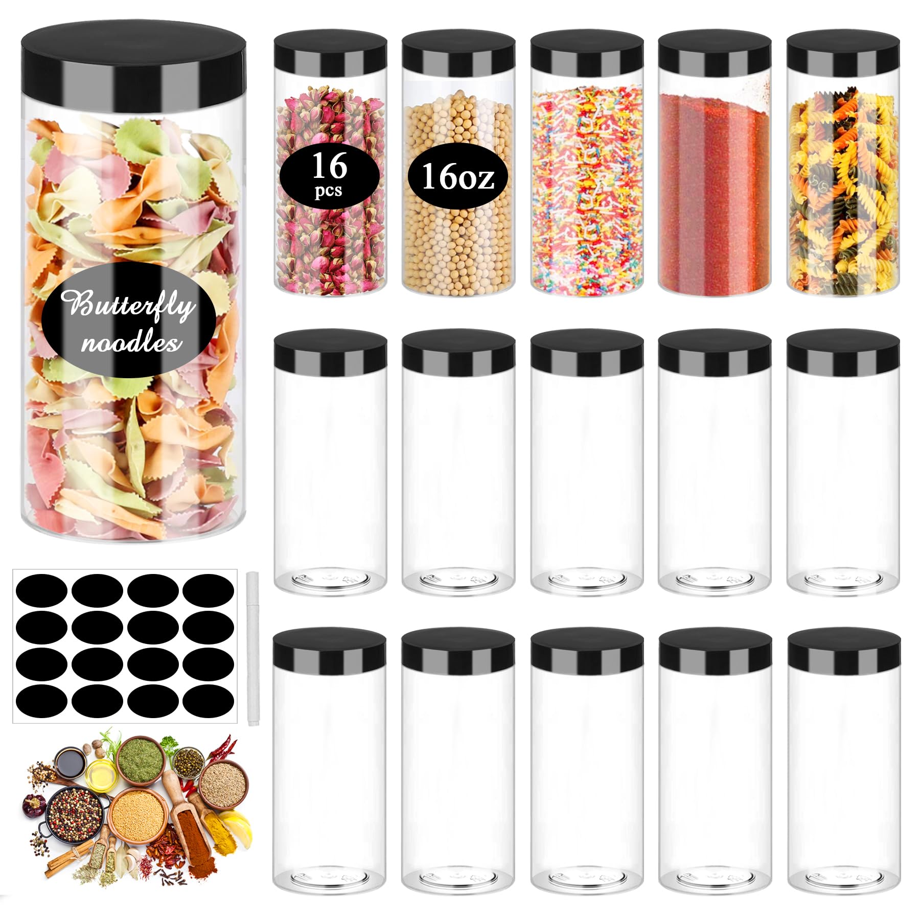 Photo 1 of SLifeJars Plastic Jar with Lids 16oz Clear Empty Containers 16Pcs Straight Cylinders Storage Jars with Airtight Black Lid Stackable Refillable Round Plastic Jars for Kitchen Food & Home Storage
