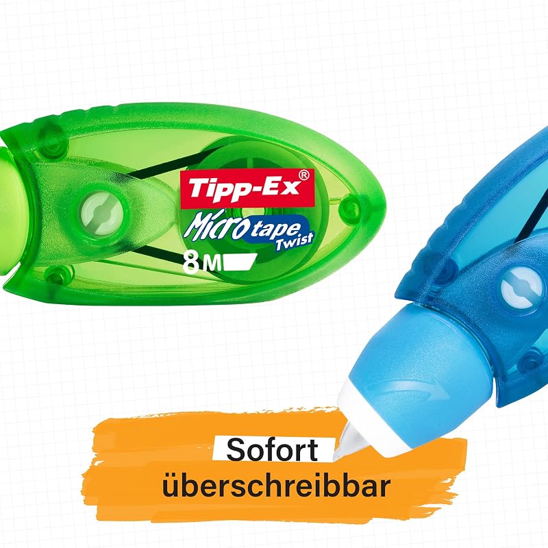 Tipp-Ex Korrekturroller Micro Tape Twist mit Schutzkappe, in 3 Farben (nicht wählbar), 8m x 5 mm, 3er Pack, Ideal für die Schule