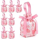 Sopoloray 8 Pcs Floral Drawstring Gift Bags,5.7x3.7x2.1 Inch Small Satin Goodie Bags with Handles,Reusable Party Favor Bags for Wedding,Baby Shower,Birthday,Tea Party(Pink)