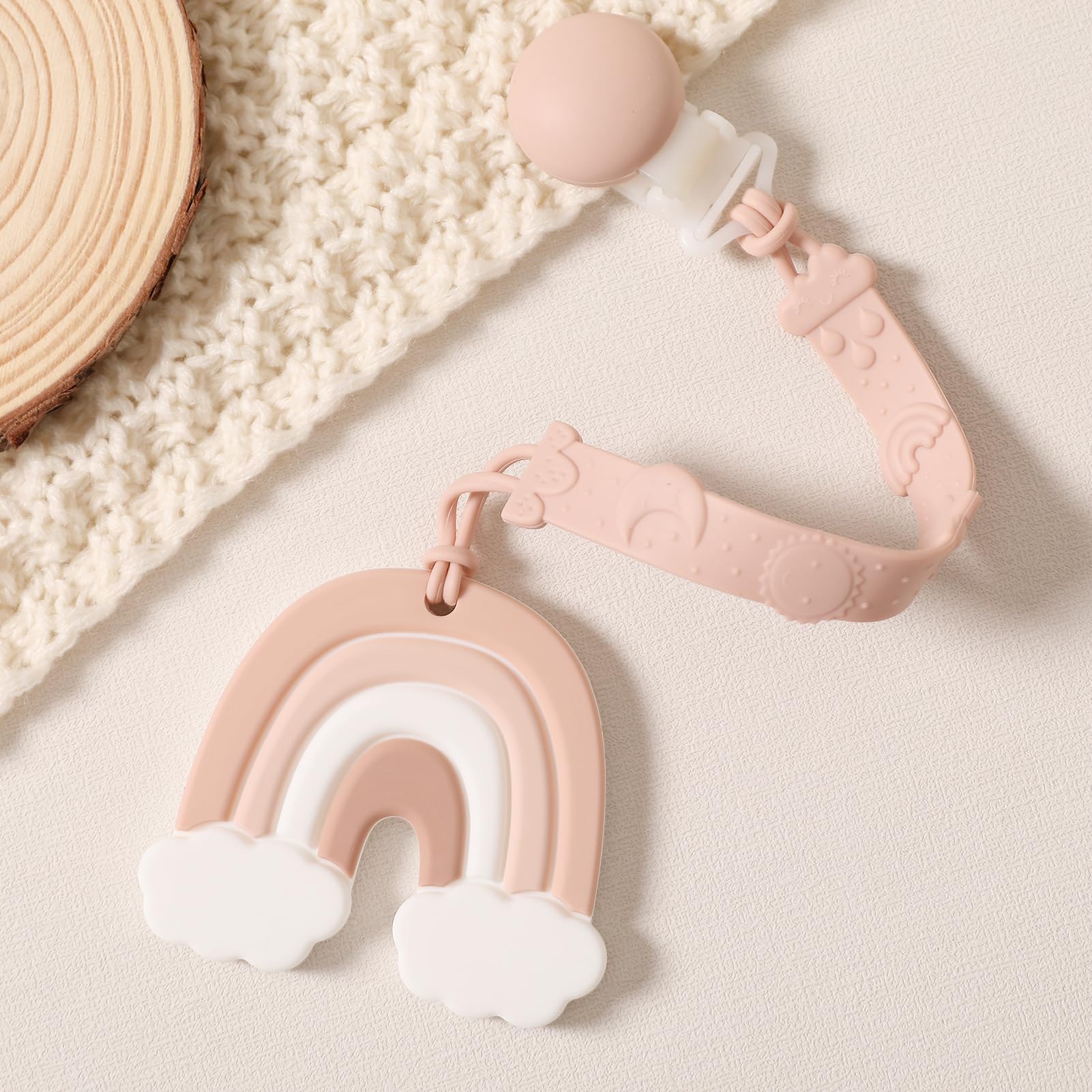 Teething Toys for Babies 0-6 Months Baby Teethers with Clip Silicone Baby Teether Toys for Boys and Girls Infant Teething Toys for Babies Rainbow Shape with Travel Case-Blush