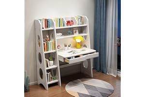BALANBO Kids Desk Kids Table with Drawers and Bookshelf Wooden Kids Media Desk Student Learning Computer Workstation and Writing Desk (White)