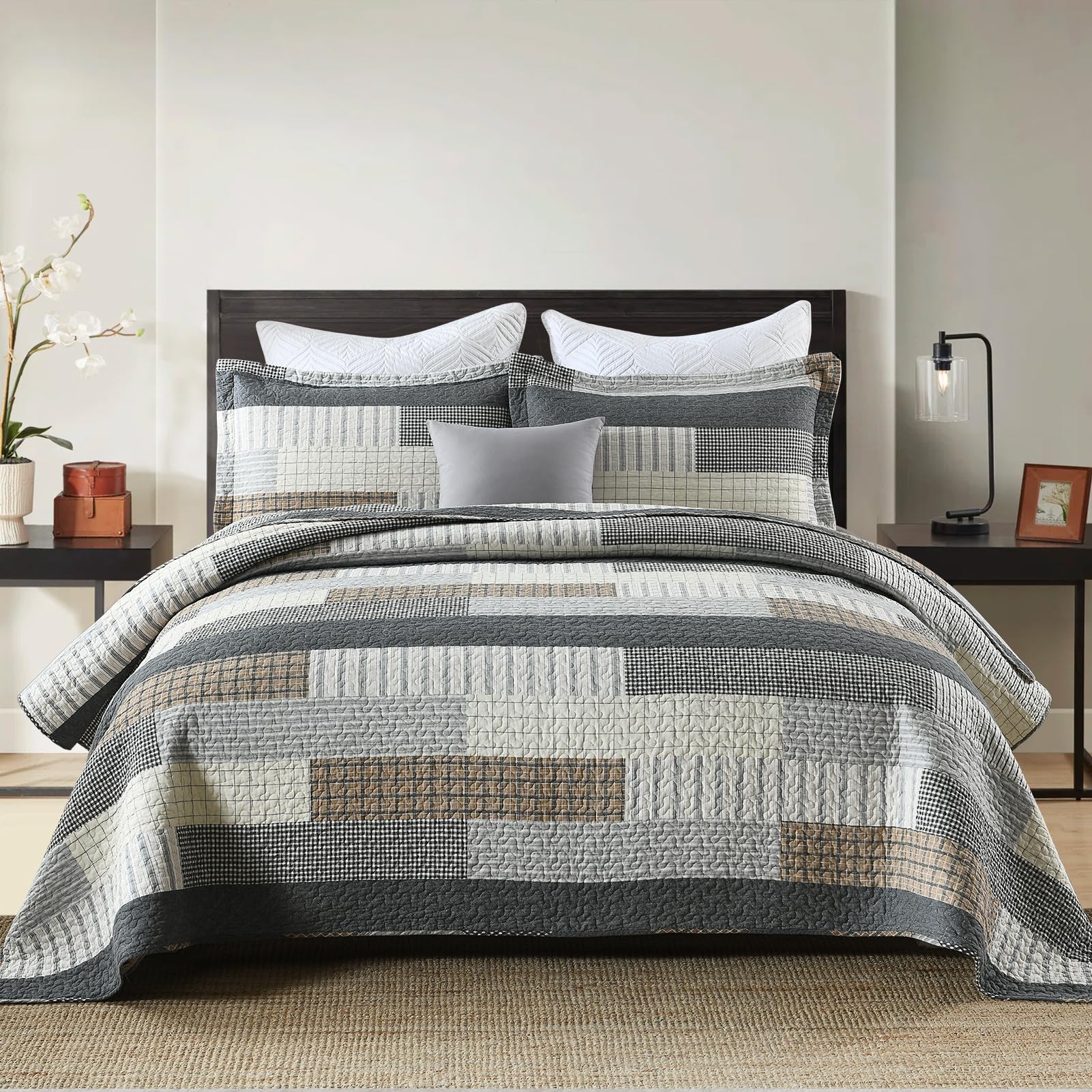 Photo 1 of Finlonte Quilt King Size 100% Cotton King Size Quilts Grey Black Brown Quilted Bedspreads Plaid Comforter Set Lightweight Reversible Soft Breathable Bedding Sets for All Season, 3 Pieces