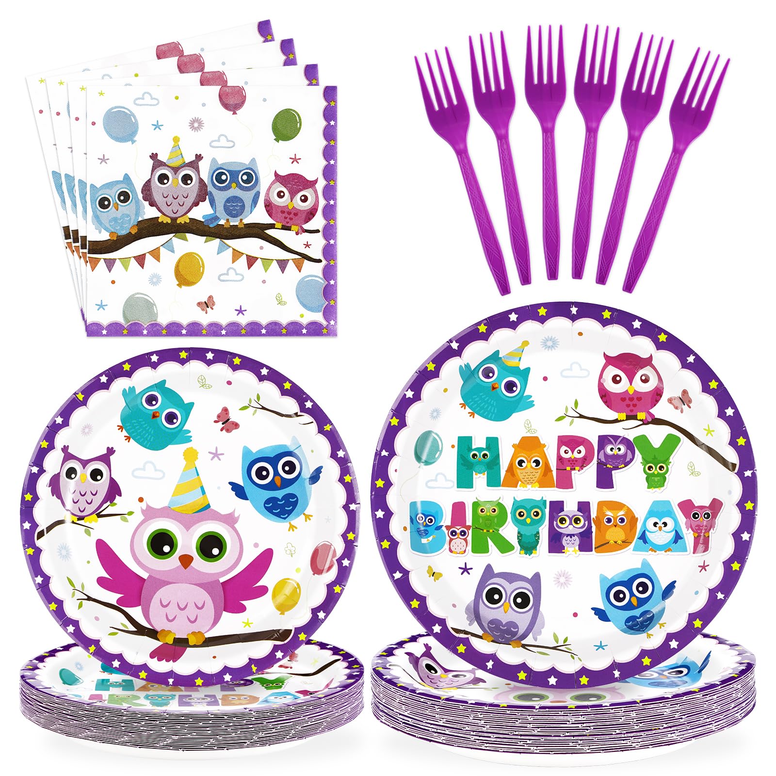 96 Pcs Owl Birthday Party Supplies Cute Cartoon Owl