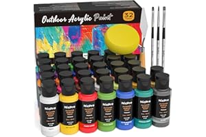 Nicpro 32 Colors Outdoor Acrylic Paint Bulk with Brush and Sponge, Knife, Non-Toxic Exterior Art Paint for Multi-surface Rock