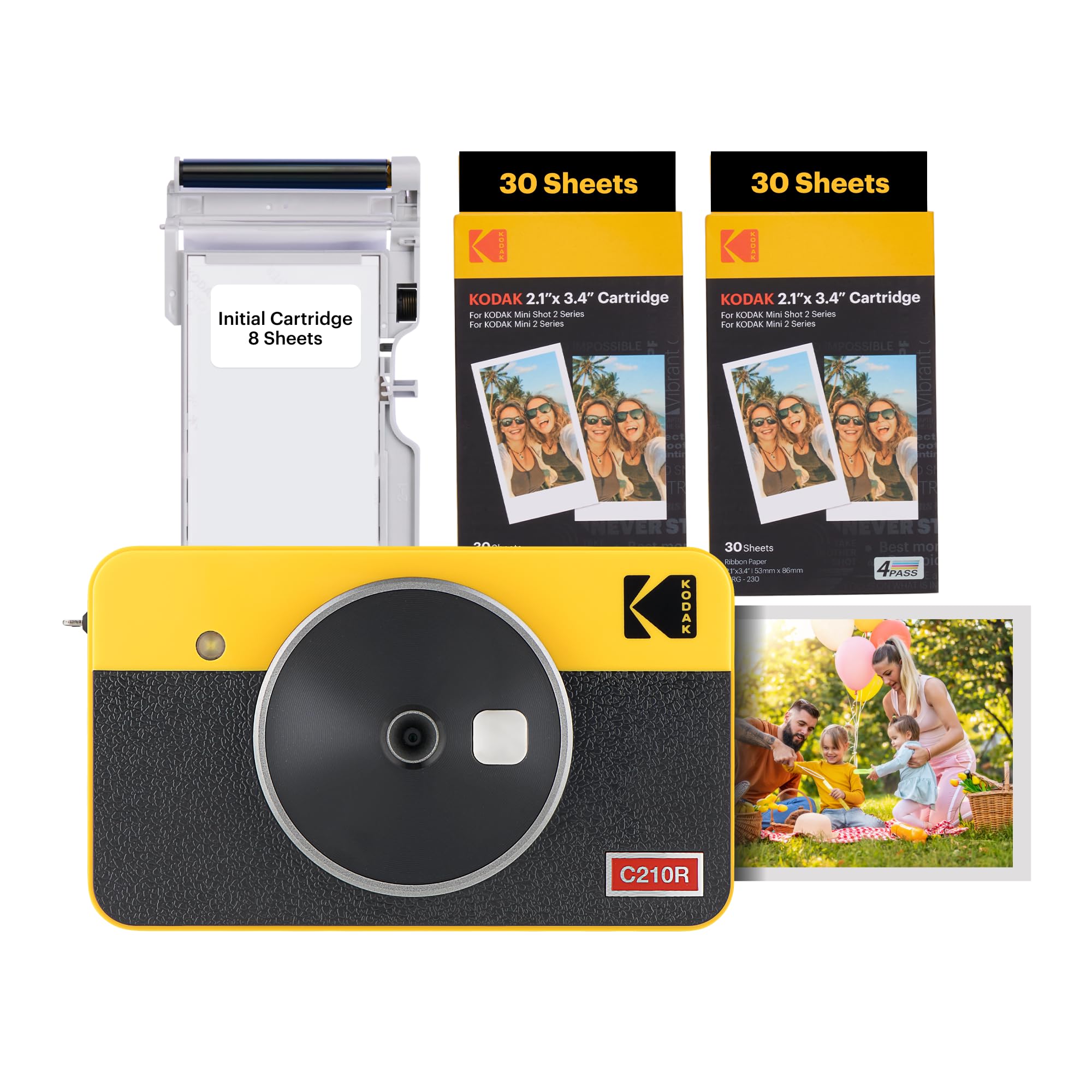 KODAK Mini Shot 2 Retro 4PASS 2-in-1 Instant Digital Camera and Photo Printer (2.1x3.4 inches) Initial 8 Sheets + 60 Sheets Bundle, Yellow