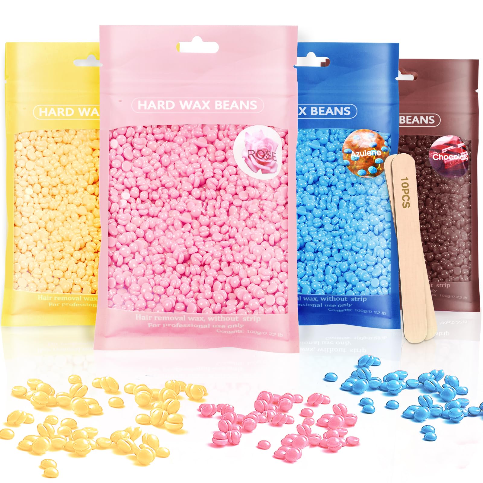 Hard Wax Beads, Hard Wax Beans 400g Hard Wax Hair Removal with 10 Pcs Wood Sticks - Painless at Home for Woman Men for Full Body Brazilian Bikini Face Legs Eyebrow
